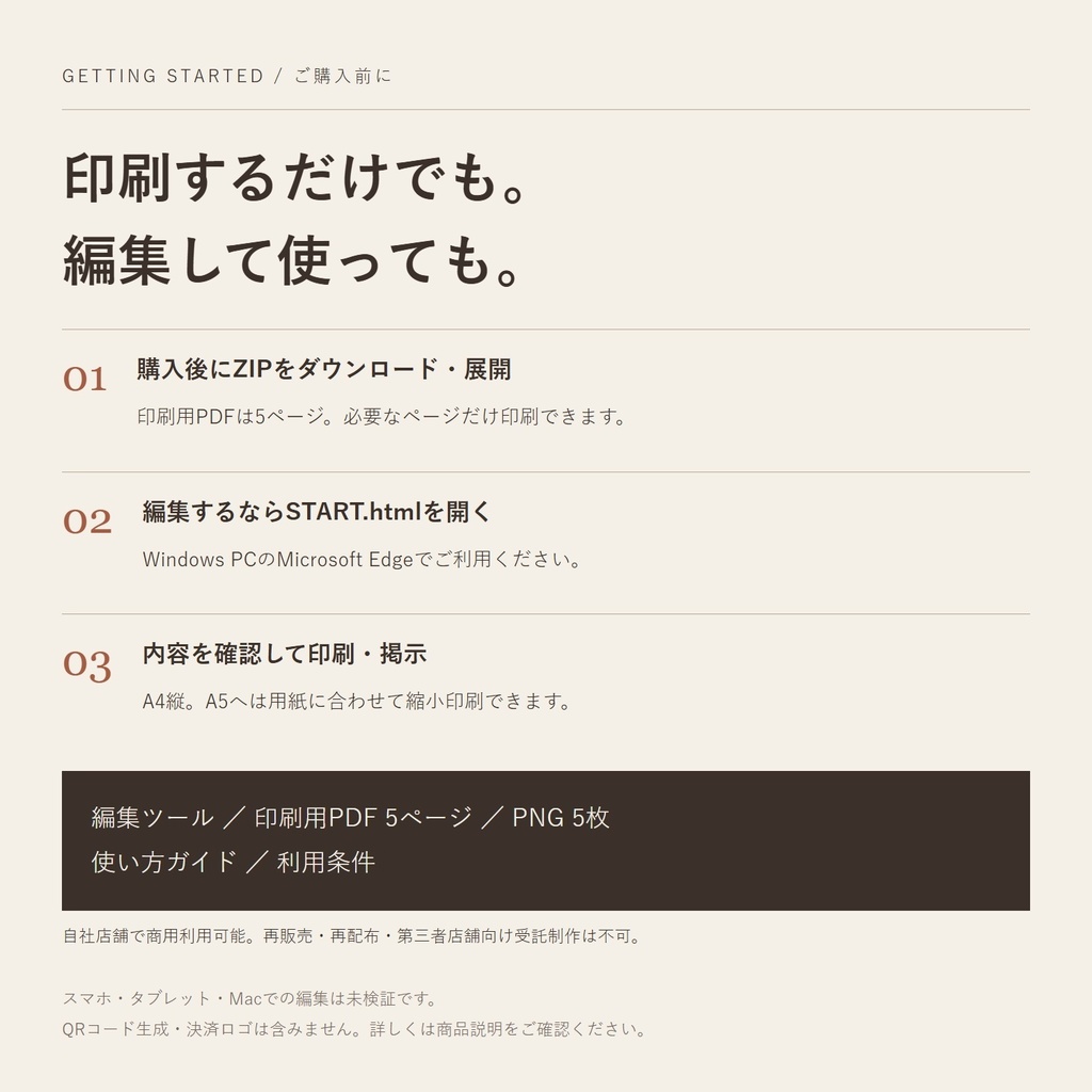 お店の案内POP 5枚セット|Wi-Fi・電源・テイクアウト・食器返却・お支払い|印刷PDF+PC編集ツール