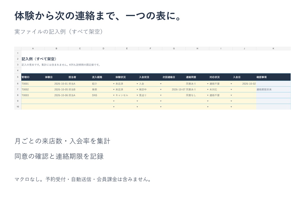 小規模ジム・トレーナー向け 体験接客&入会管理キット|Excel管理表+接客台本+連絡文例10種