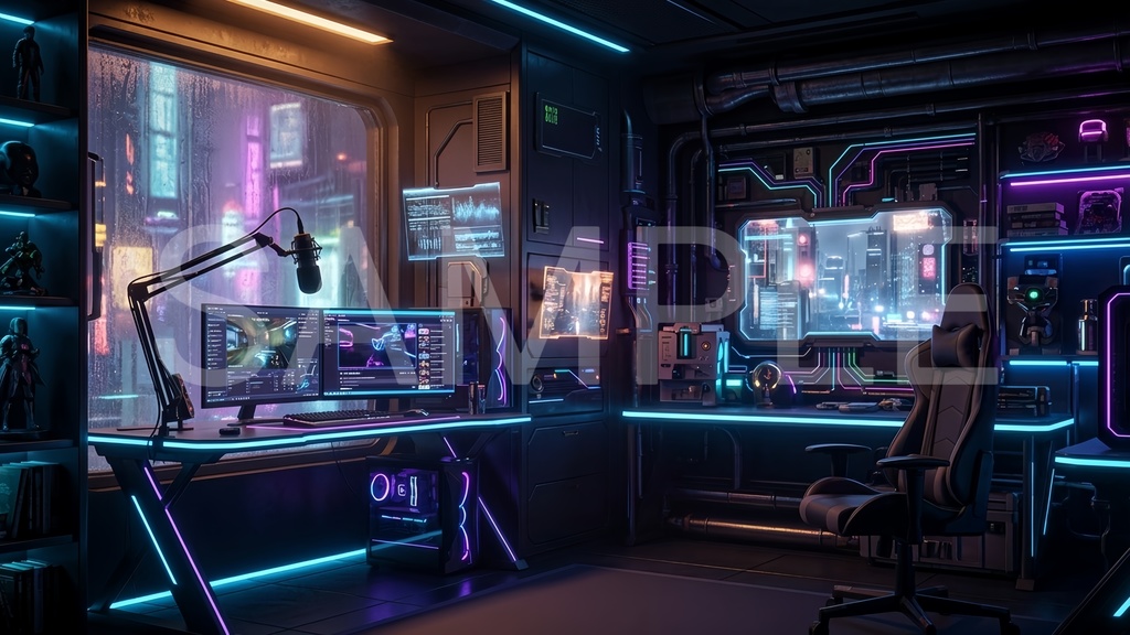 Cyberpunk Neon Room – 配信背景9枚セット(高解像度16:9)