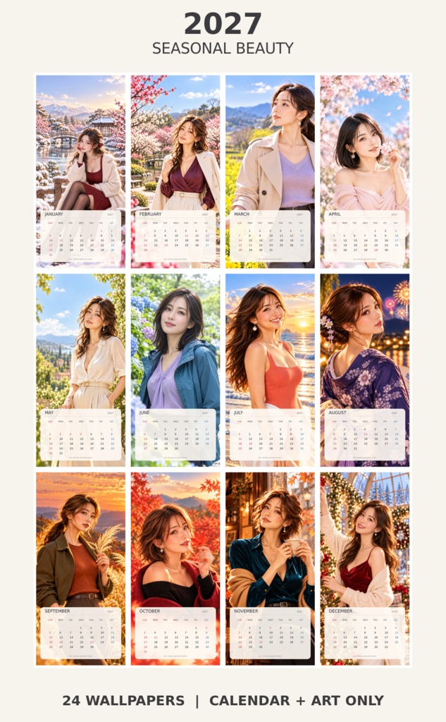 【2027年版】季節の美女 iPhone壁紙24枚|カレンダーあり・なし