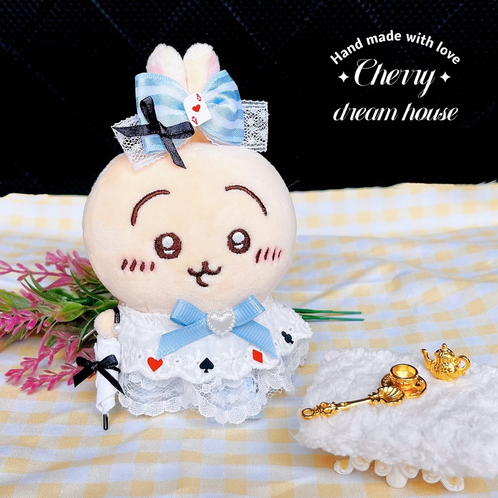 【数量限定】ぬい服 10cm ちいかわ 着せ替え アリス風 ワンピースリボン 洋傘 3点セット ベビーブルー