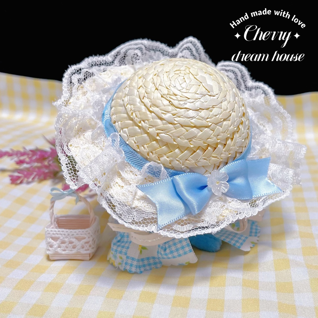 ぬい服 10cm ちいかわ 着せ替え ロリータ ワンピース 麦わら帽子 ミニかご 3点セット ベビーブルー 夏 春 可愛い ぬい旅 ぬい撮り