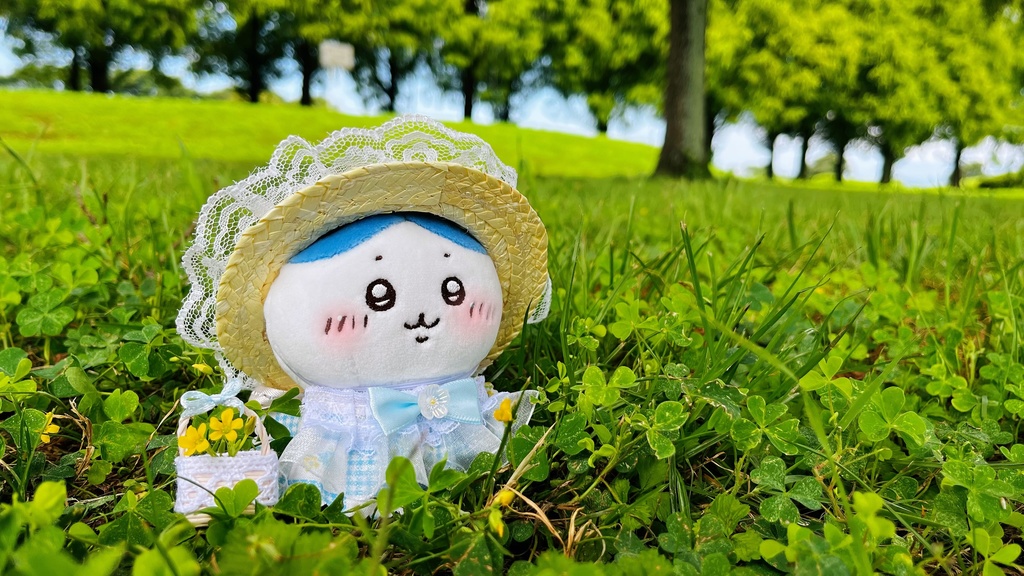 ぬい服 10cm ちいかわ 着せ替え ロリータ ワンピース  麦わら帽子 ミニかご 3点セット ベビーブルー  夏 春 可愛い ぬい旅 ぬい撮り