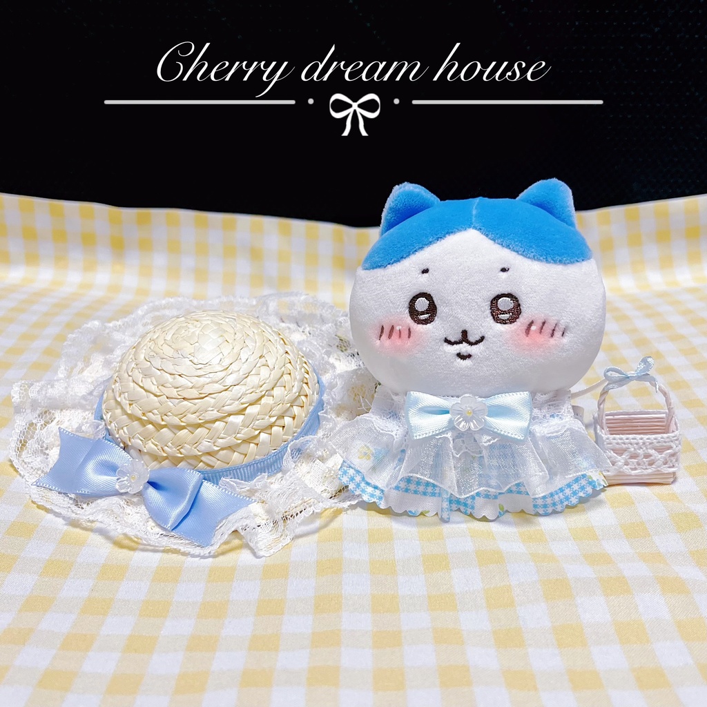 ぬい服 10cm ちいかわ 着せ替え ロリータ ワンピース 麦わら帽子 ミニかご 3点セット ベビーブルー 夏 春 可愛い ぬい旅 ぬい撮り