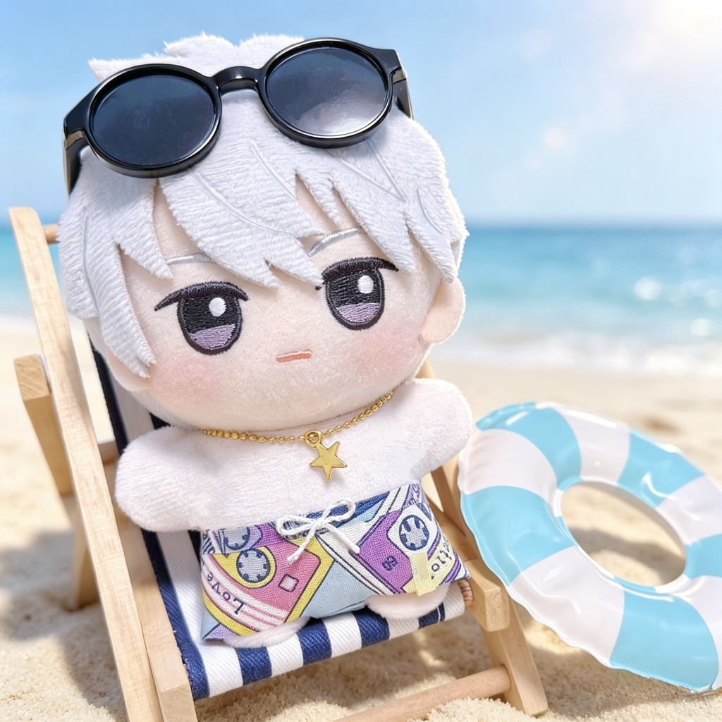 ぬい服 10cm ちびぐるみ ちびぬい ビーチパンツ 水着付き ボディスーツ 星ネックレス 2点セット ③青 可愛い
