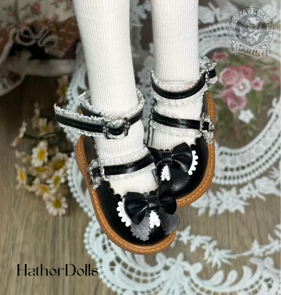 【即納】MDD ドールシューズ 厚底ロリータ靴 ブラック リボン付き 1/4サイズ キャストドール対応 BJD靴