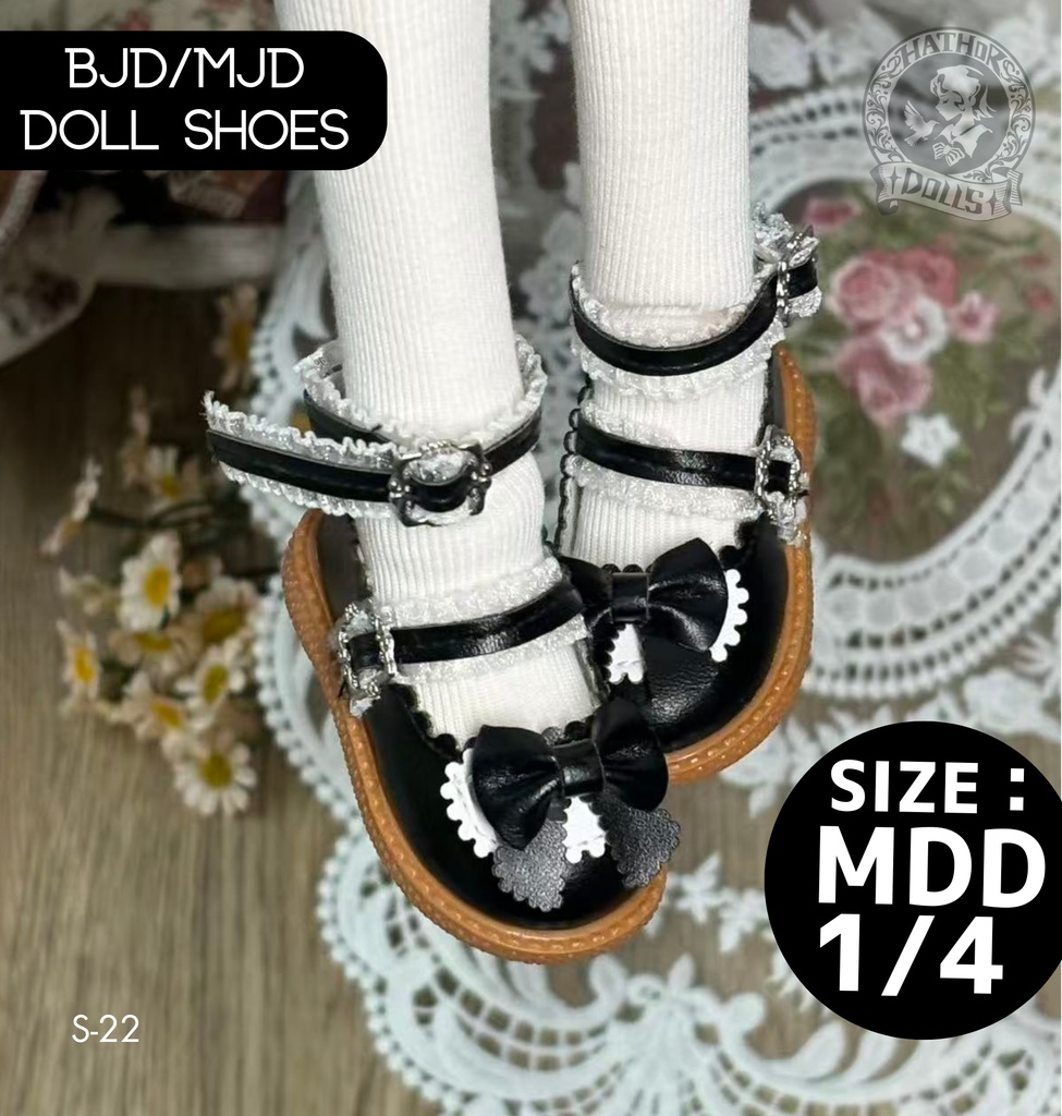 【即納】MDD ドールシューズ 厚底ロリータ靴 ブラック リボン付き 1/4サイズ キャストドール対応 BJD靴