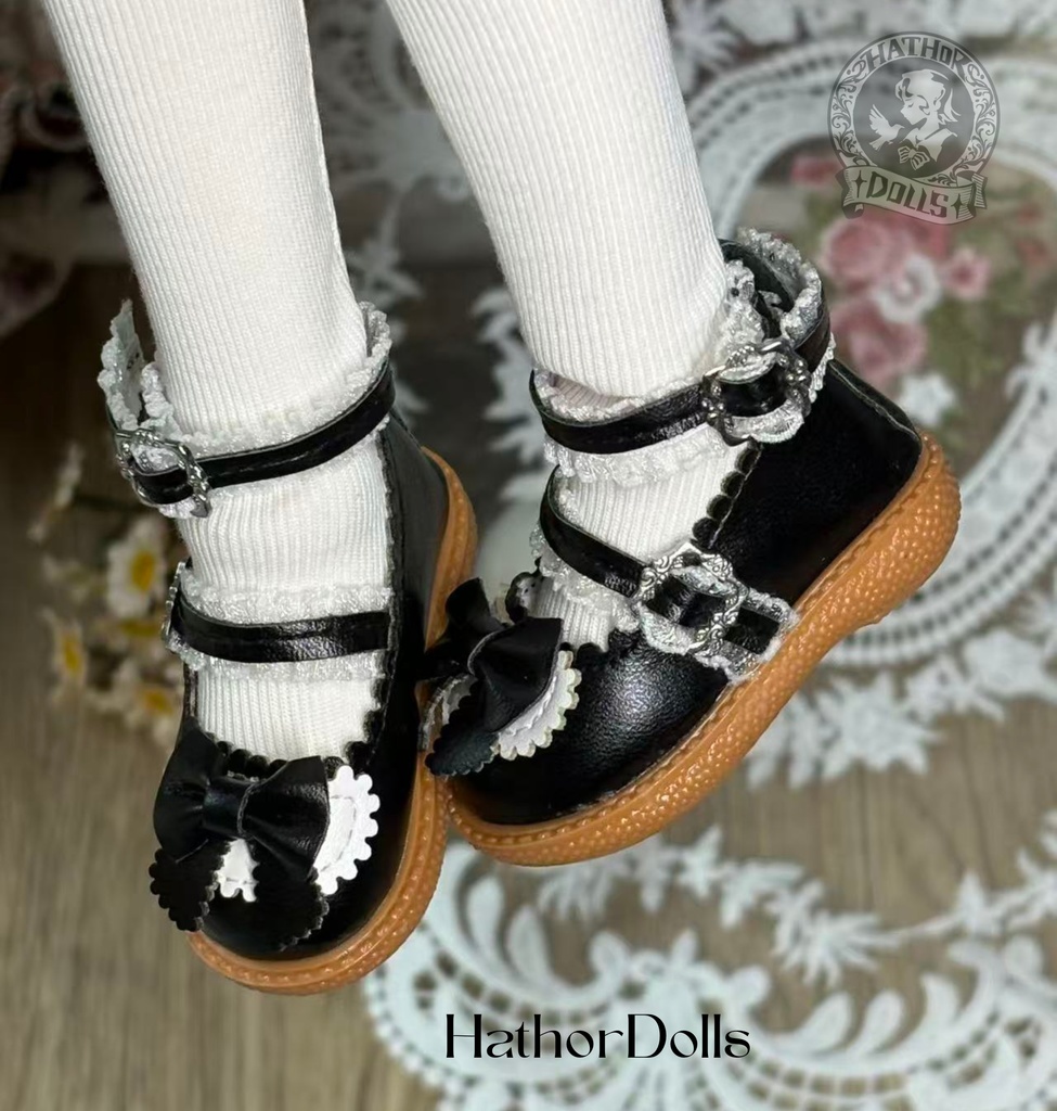 【即納】MDD ドールシューズ 厚底ロリータ靴 ブラック リボン付き 1/4サイズ キャストドール対応 BJD靴