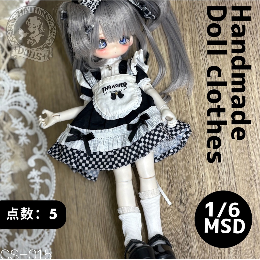 【即納】MSD 1/6サイズ クラシックチェッカーフリル メイドワンピース5点セット 1/6ドール服 BJD ミニスーパードルフィー 衣装