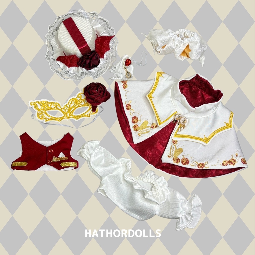 【即納】7点入 20cmぬいぐるみ服 ぬい服 推しかつ ドール服 30cm長足ぬい兼用・赤薔薇の荊棘礼館ベースセット(仮面付き) ドール服セット