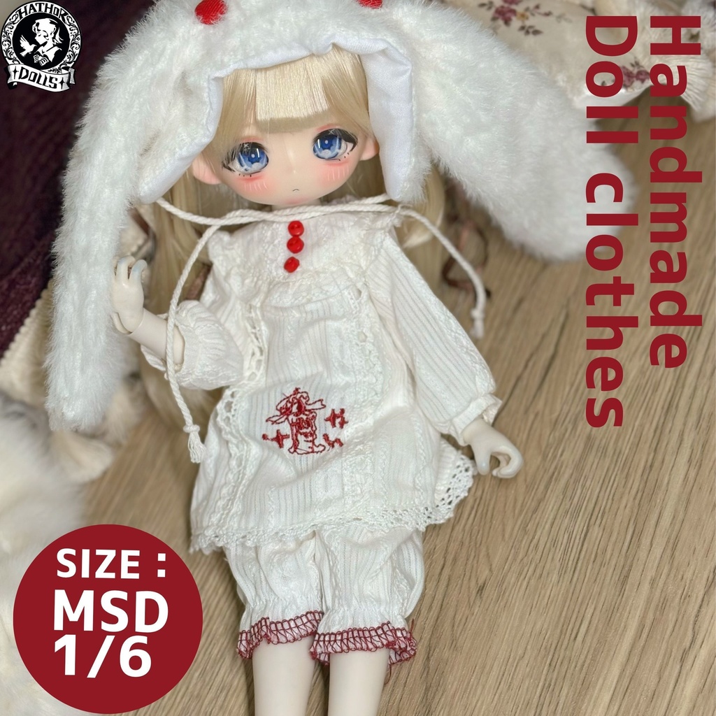 【即納】MSD 1/6 1/12 ハウドメイド 洋服セット パジャマ 3点入「夢昔話ー白ウサギ」シリーズ レトロワンピ&ヘッドドレス