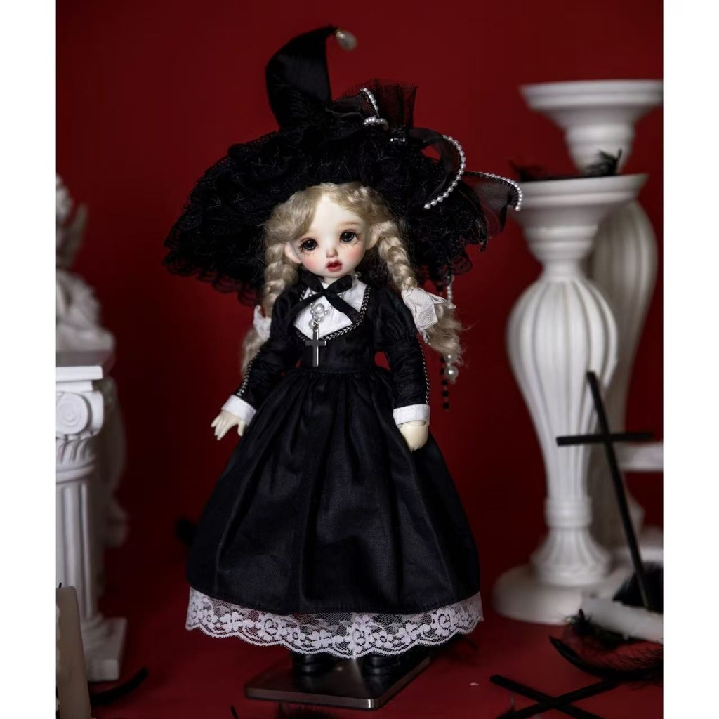 【受注】6点入 MDD 1/4サイズ*ゴシックメイド衣装セット|猫耳ヘッドドレス&多層スカート&クロスネックレス|【魔女帽】追加可|40cm級(くま・兔豆系/MDD等)