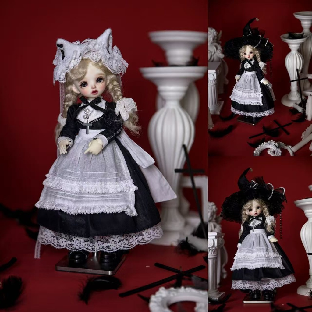 【受注】6点入 MDD 1/4サイズ*ゴシックメイド衣装セット|猫耳ヘッドドレス&多層スカート&クロスネックレス|【魔女帽】追加可|40cm級(くま・兔豆系/MDD等)