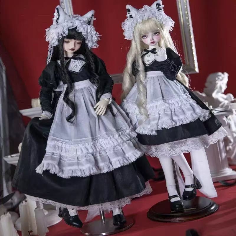 【受注】６点入　MDD 1/4サイズ＊ゴシックメイド衣装セット｜猫耳ヘッドドレス＆多層スカート＆クロスネックレス｜【魔女帽】追加可｜40cm級（くま・兔豆系／MDD等）