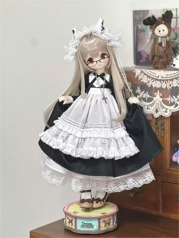 【受注】6点入 MDD 1/4サイズ*ゴシックメイド衣装セット|猫耳ヘッドドレス&多層スカート&クロスネックレス|【魔女帽】追加可|40cm級(くま・兔豆系/MDD等)