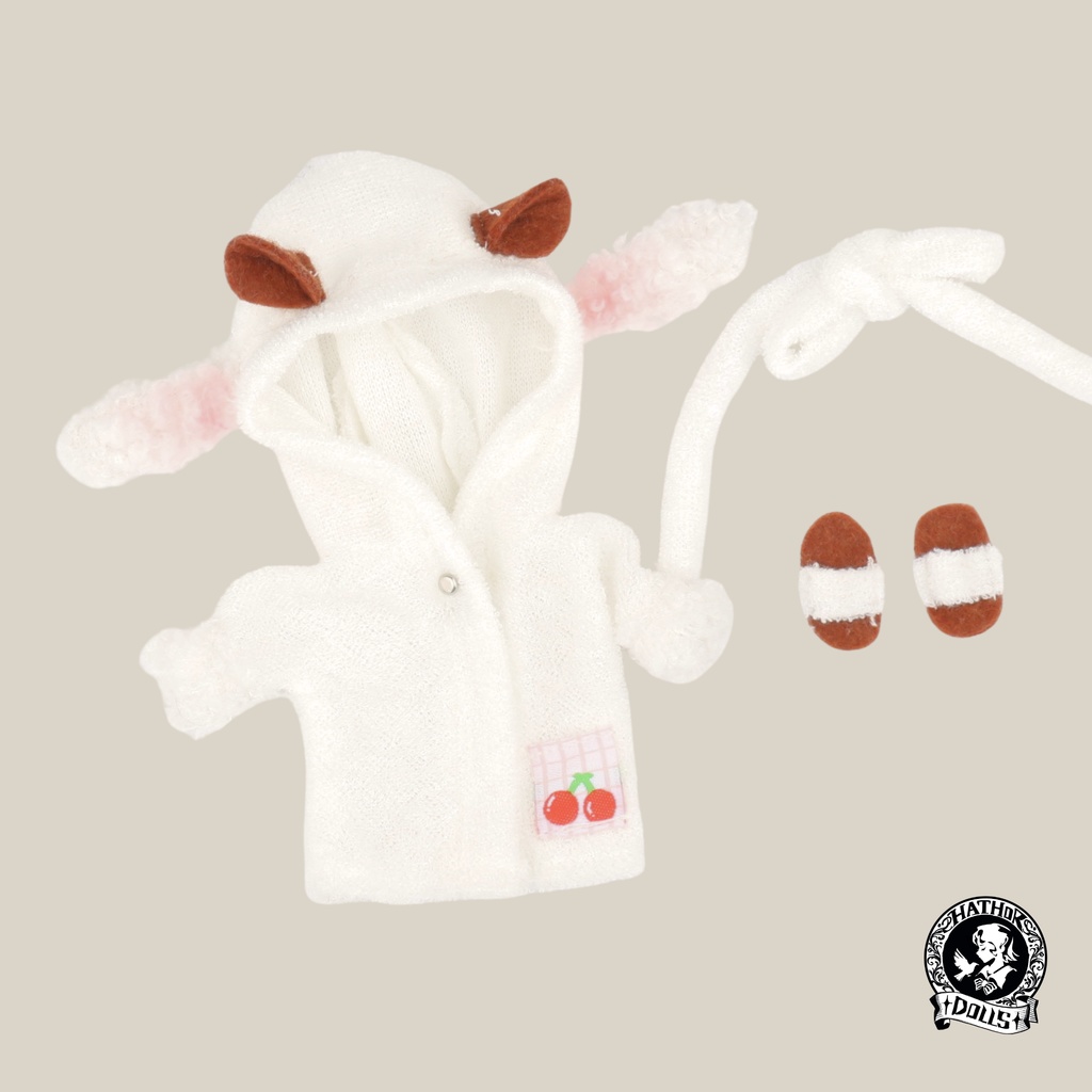 【即納】ob11 ブラインドドール向け もこもこ羊コスチューム3点セット フード耳・腰ひも・スリッパ付き/1/12ドール衣装 ハンドメイド