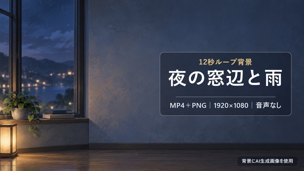 【12秒ループ/MP4+PNG】夜の窓辺と雨|配信・待機背景