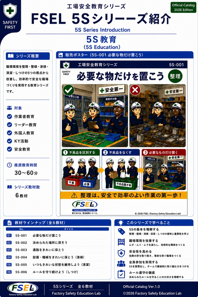 工場安全教育 5Sシリーズ 全6教材|整理・整頓・清掃・清潔・しつけ PDF教材