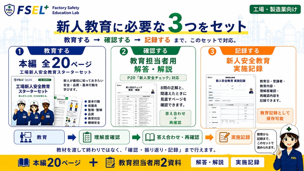 工場新人安全教育スターターセット|新人教育ですぐ使える全20ページ+教育担当者用資料