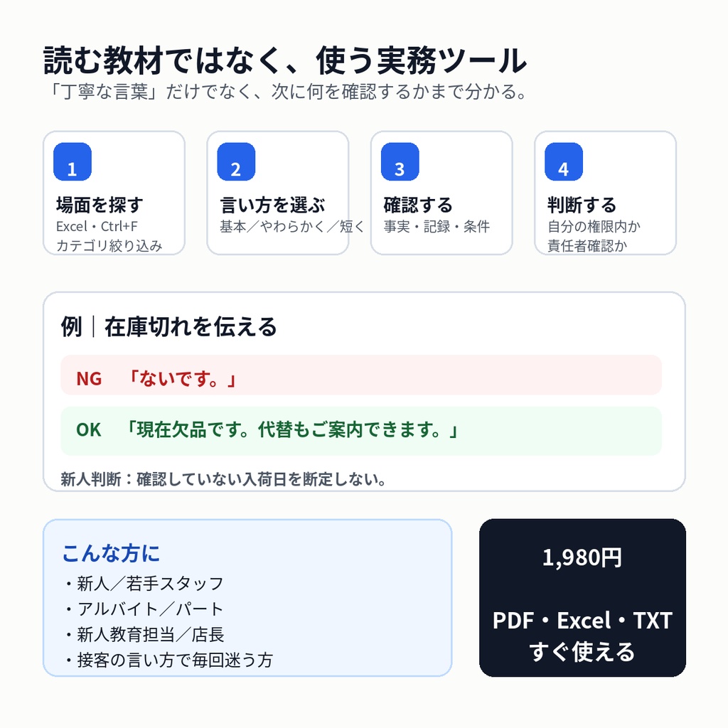 接客・販売・飲食向け|言い方に困らない現場フレーズ辞典100|NG→OK・300フレーズ・検索Excel付き