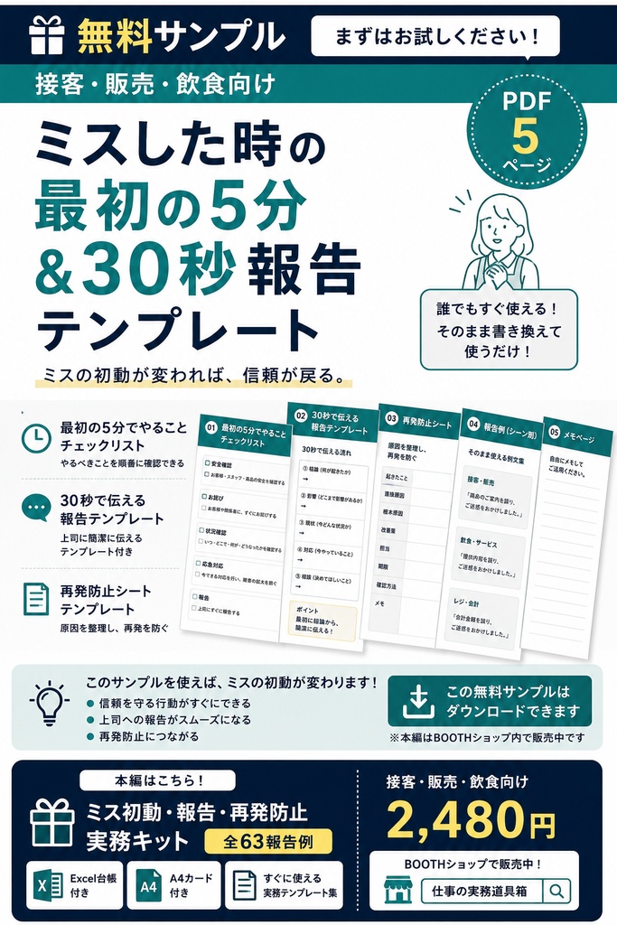 【無料サンプル】接客・販売・飲食向け｜ミスした時の最初の5分＆30秒報告テンプレート