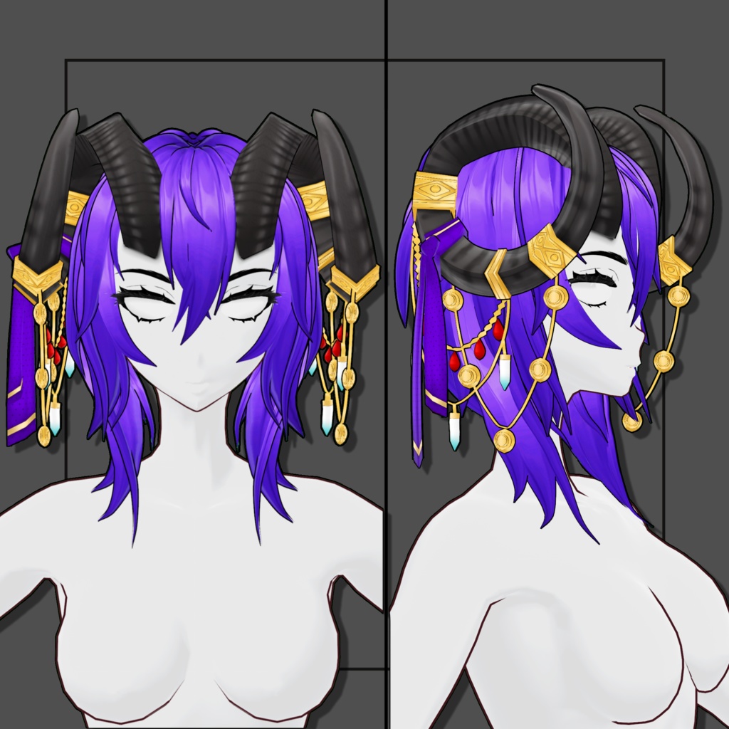 (Vroid) Female Curved Horn Hair Preset #1 (multiple colour) Black Version 【VRoid正式版】