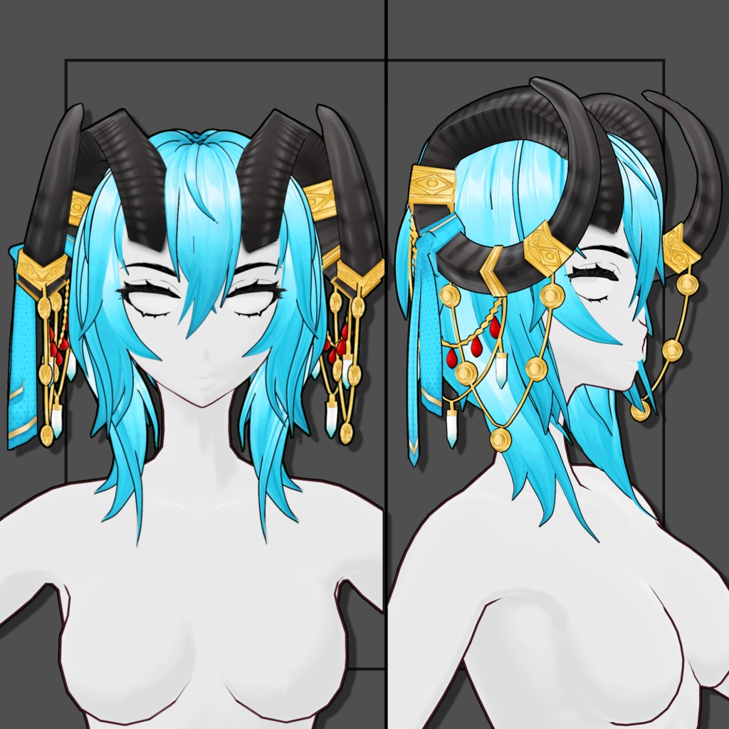 (Vroid) Female Curved Horn Hair Preset #1 (multiple colour) Black Version 【VRoid正式版】