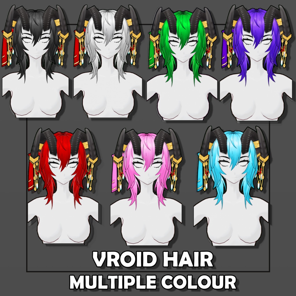 (Vroid) Female Curved Horn Hair Preset #1 (multiple colour) Black Version 【VRoid正式版】