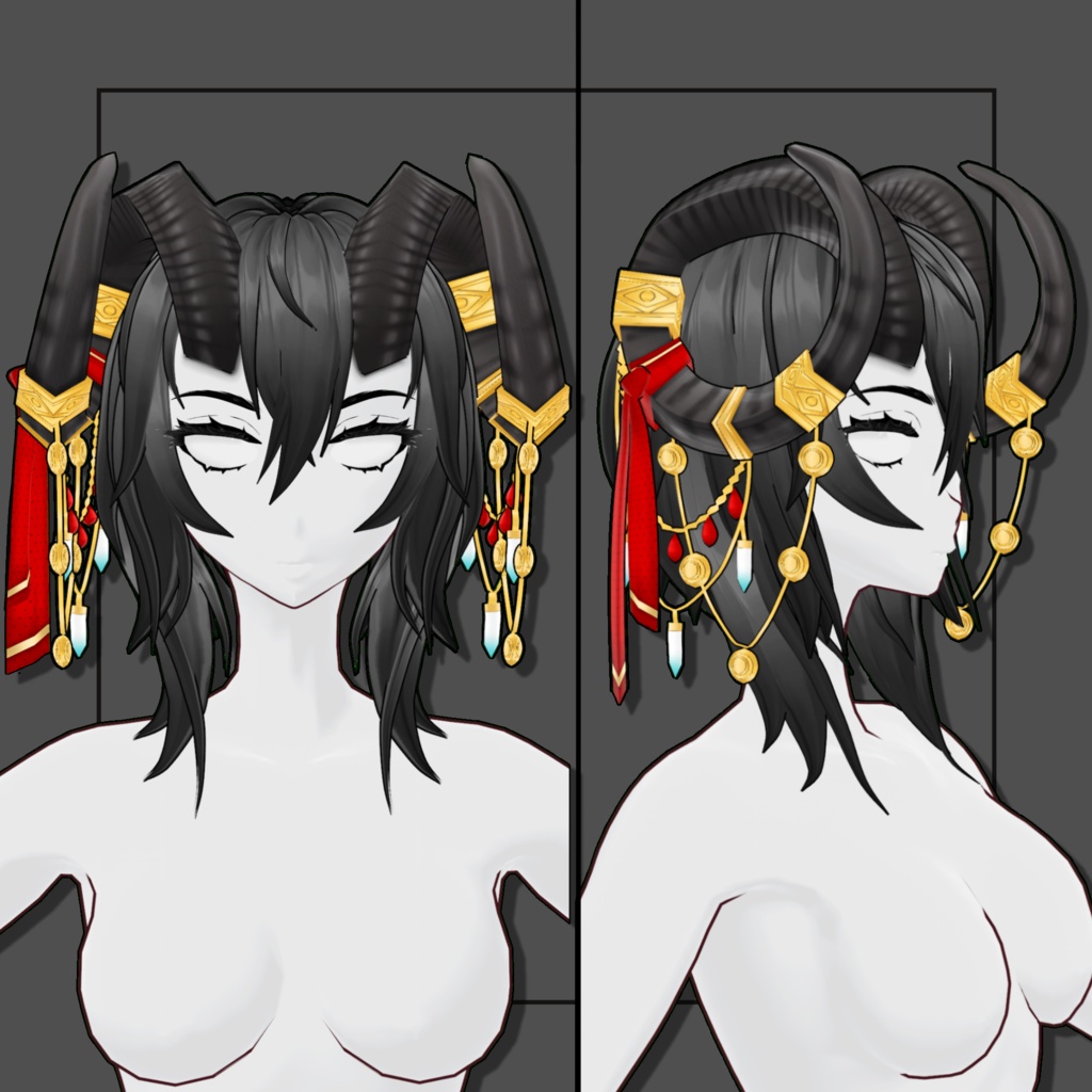(Vroid) Female Curved Horn Hair Preset #1 (multiple colour) Black Version 【VRoid正式版】