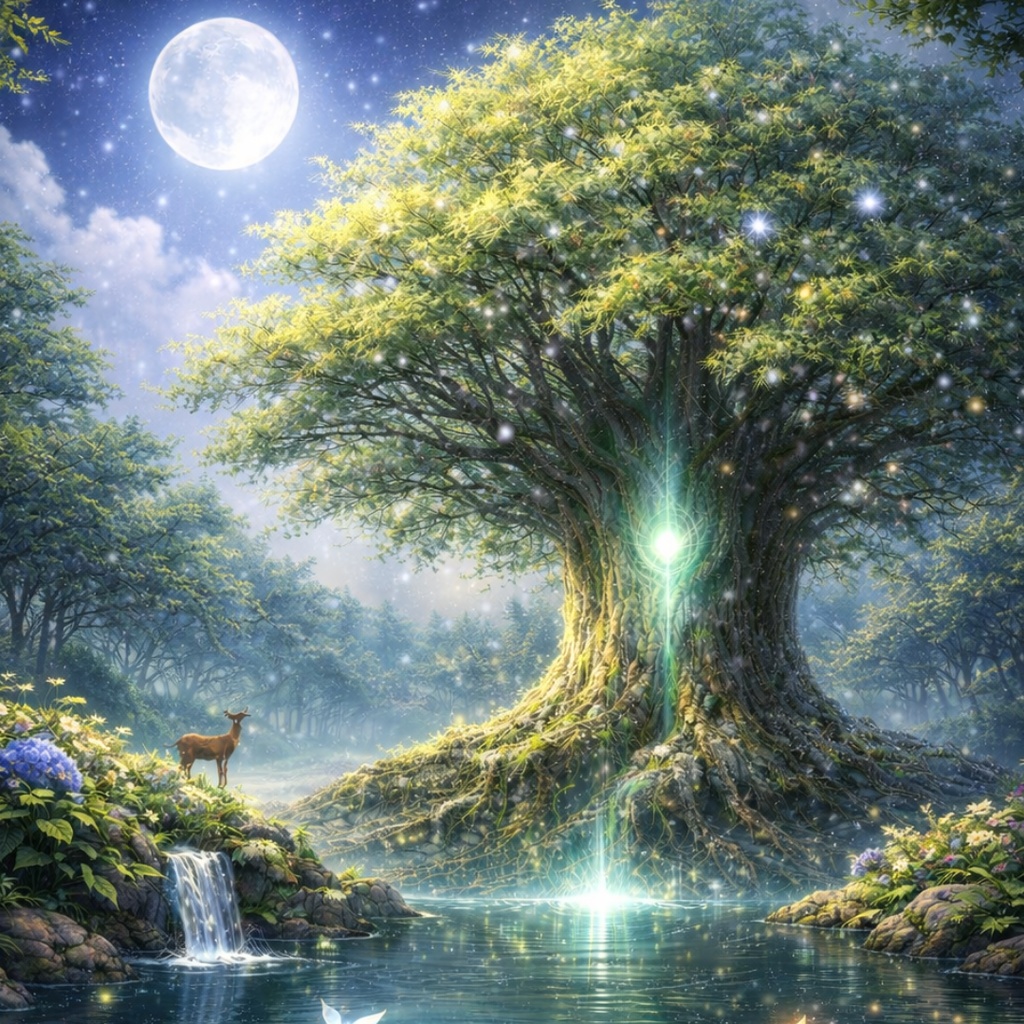 満月と世界樹 ― 四季の幻想スマホ壁紙セット(5枚)