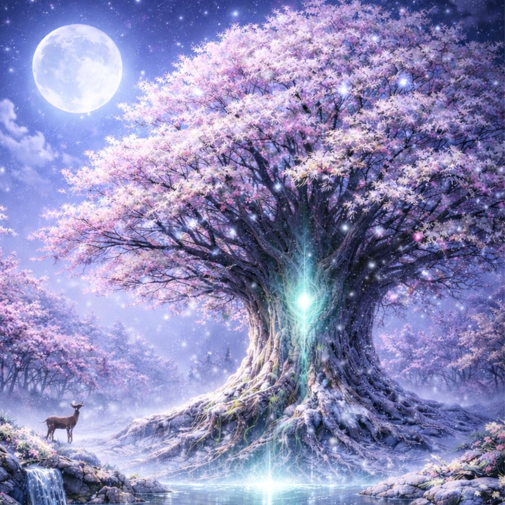 満月と世界樹 ― 四季の幻想スマホ壁紙セット(5枚)