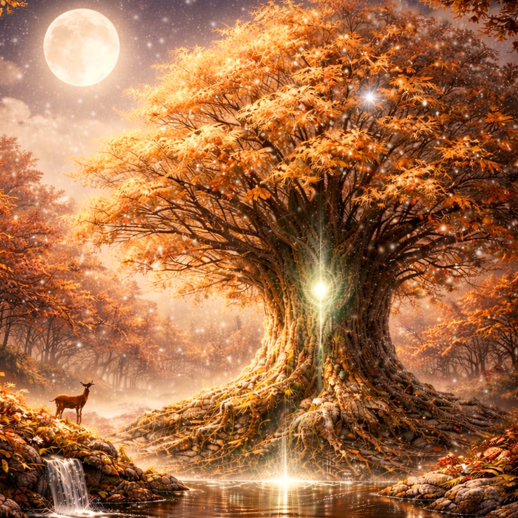 満月と世界樹 ― 四季の幻想スマホ壁紙セット(5枚)