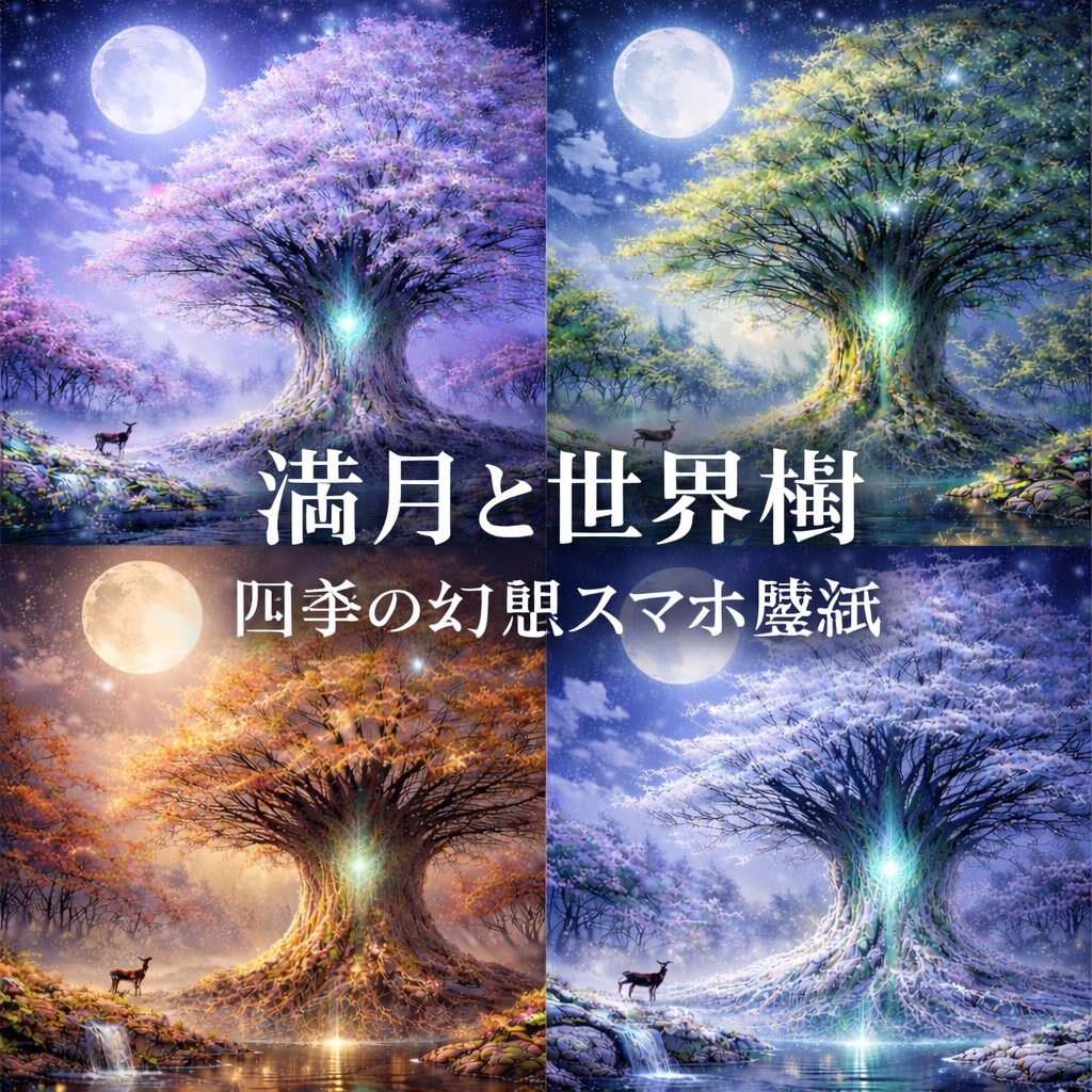 満月と世界樹 ― 四季の幻想スマホ壁紙セット（5枚）