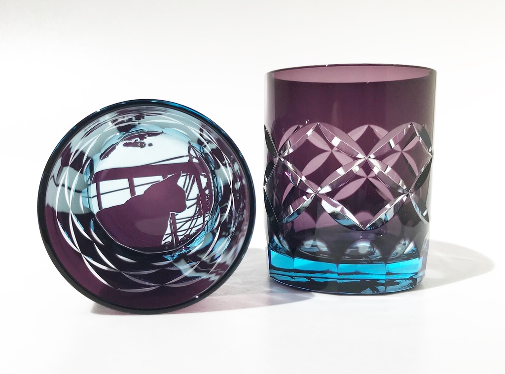 再販 宵凪ぎ猫 七宝紋 切子 特別限定色幻の濃いブルー 可夜硝子 Booth