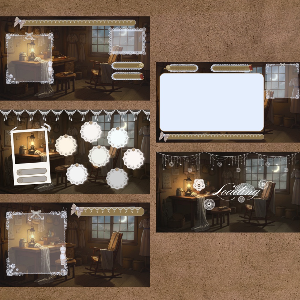 【裁縫屋風VTuber配信UIセット3色】ヴィンテージ 歌枠用 雑談用 待機画面 vtuberさん向け!| Tailor Shop Style VTuber Stream UI Set