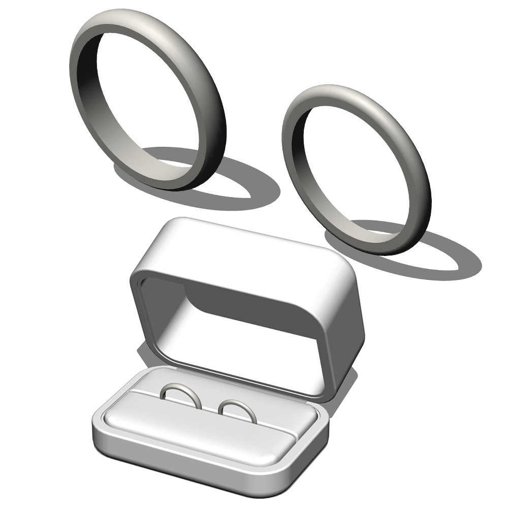 【3Dモデルデータ】リング1 : ケース付きペアリング(甲丸)【3D model, wedding ring and jewelry case】