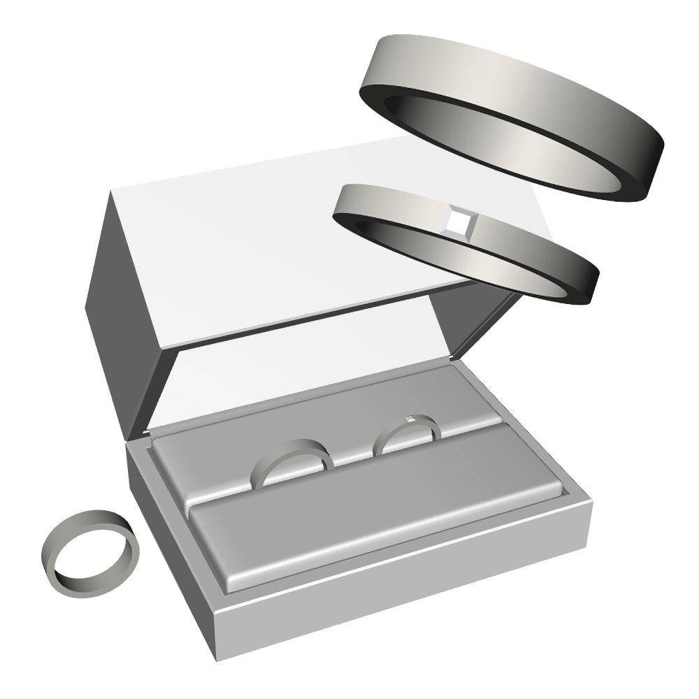 【3Dモデルデータ】ケース付きペアリング(平打ち・プリンセスカット)【3D model, wedding ring and jewelry case】