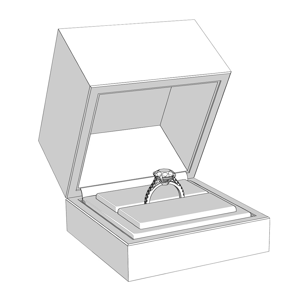【3Dモデルデータ】リング10 : ケース付きの婚約指輪ラウンドブリリアントカット2ctアップ・メレの腕【3D model engagement ring】