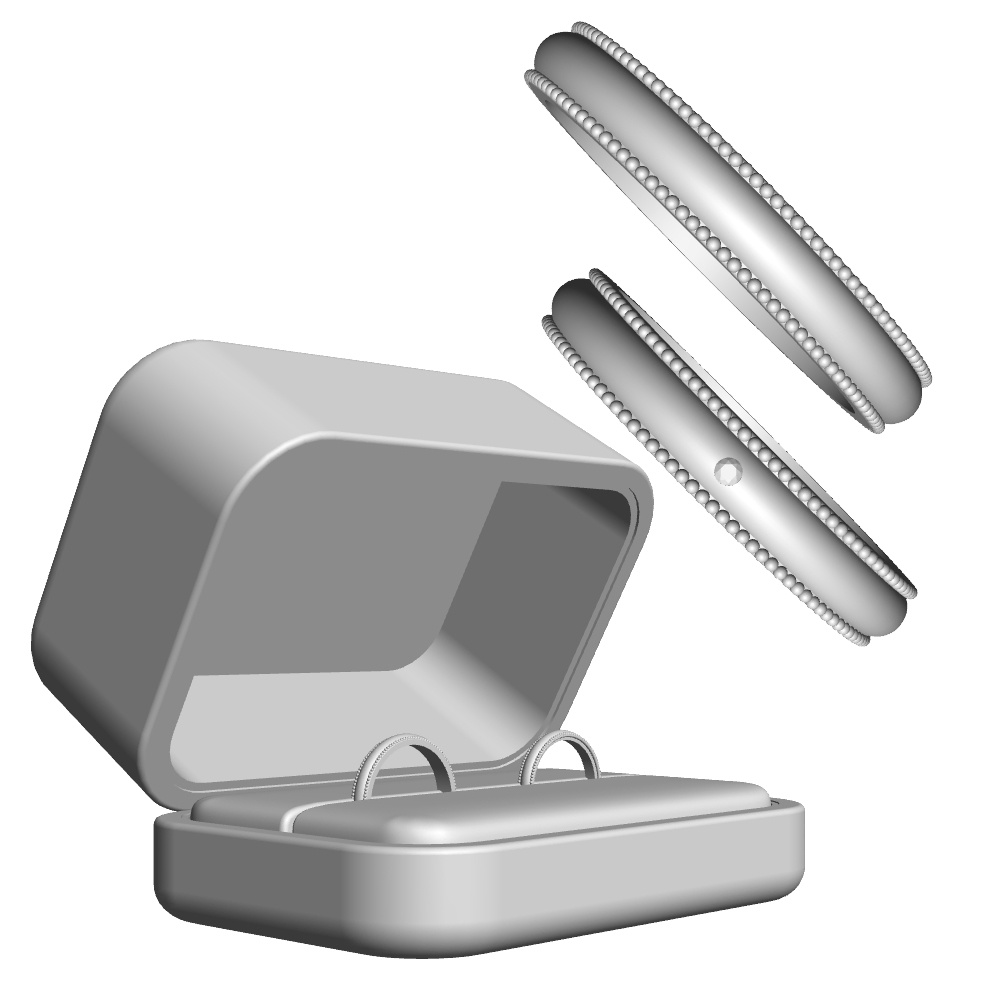 【3Dモデルデータ】リング11 : ケース付きペアリング（ミル打ち+メレダイア）【3DModel milgrainRing and jewelbox】