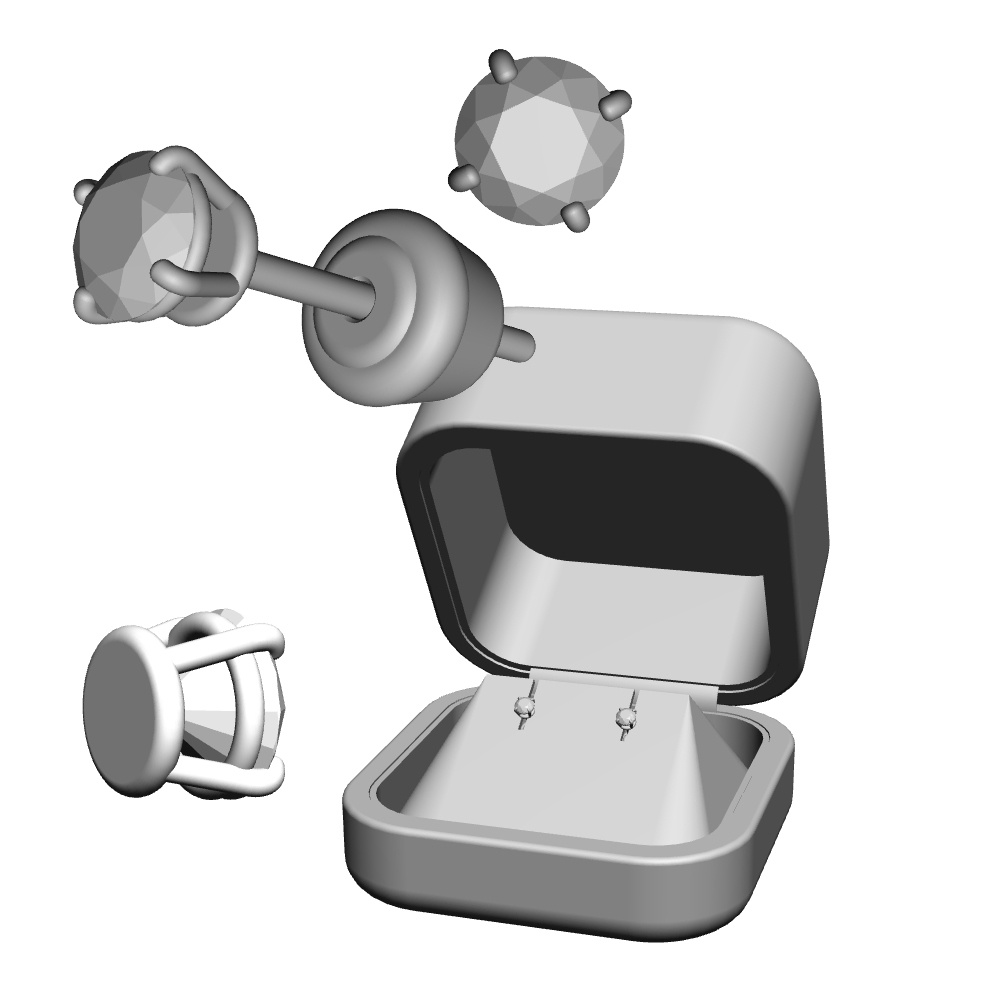 【3Dモデルデータ】ピアス5: ケース付き（4つ爪）【Pierced earrings (with case)】