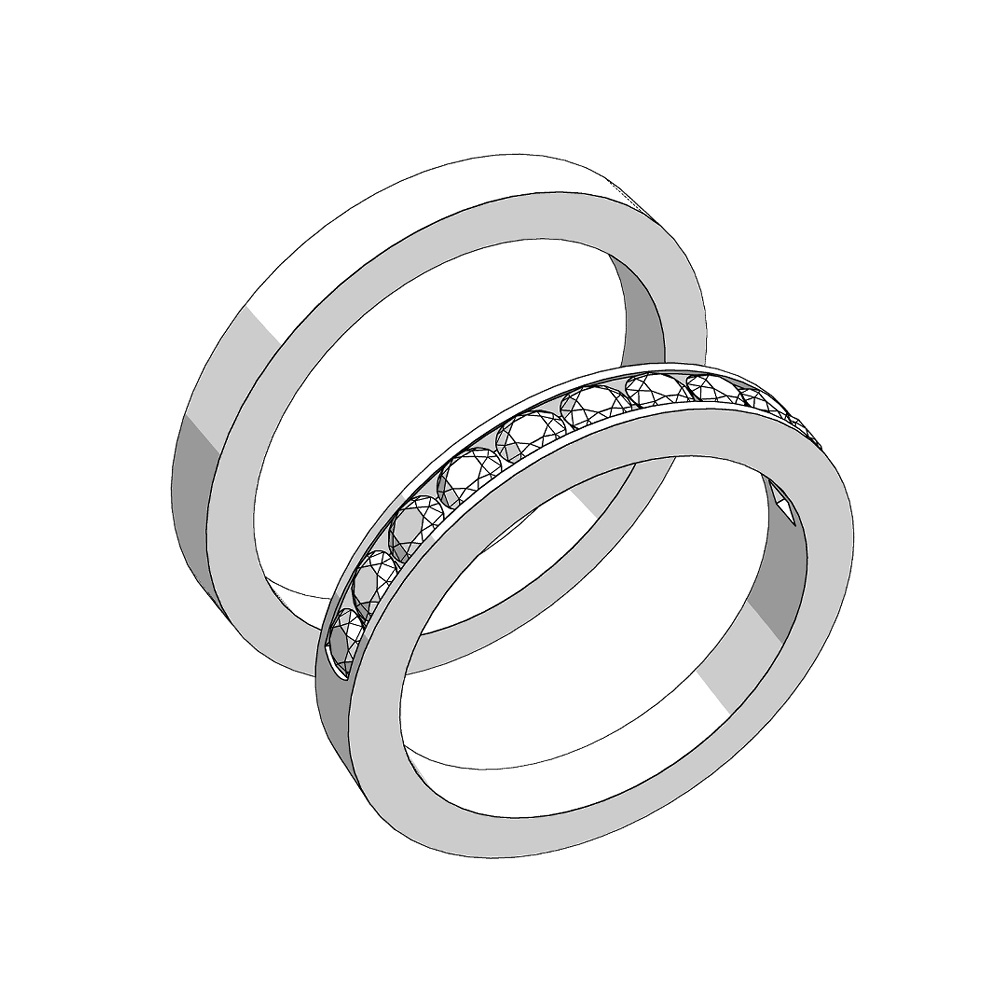 【3Dモデルデータ】リング21 : ケース付きのペアリング(レール留めのハーフエタニティ+平打ち)【3Dmodel deta partnerring21】