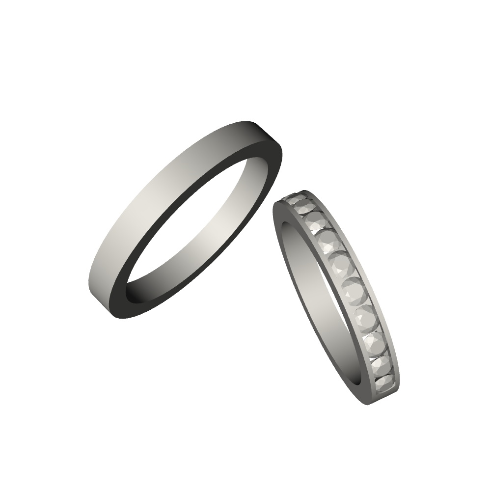 【3Dモデルデータ】リング21 : ケース付きのペアリング(レール留めのハーフエタニティ+平打ち)【3Dmodel deta partnerring21】
