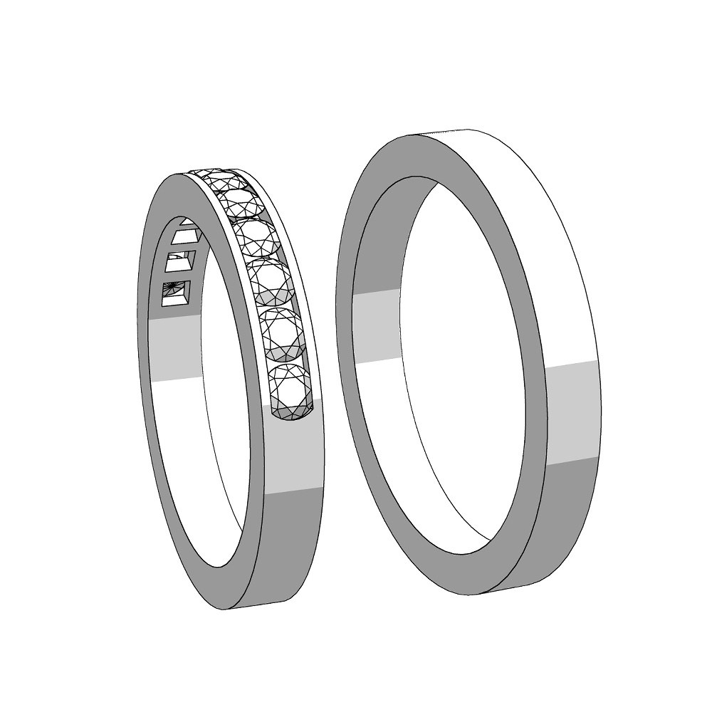【3Dモデルデータ】リング21 : ケース付きのペアリング(レール留めのハーフエタニティ+平打ち)【3Dmodel deta partnerring21】