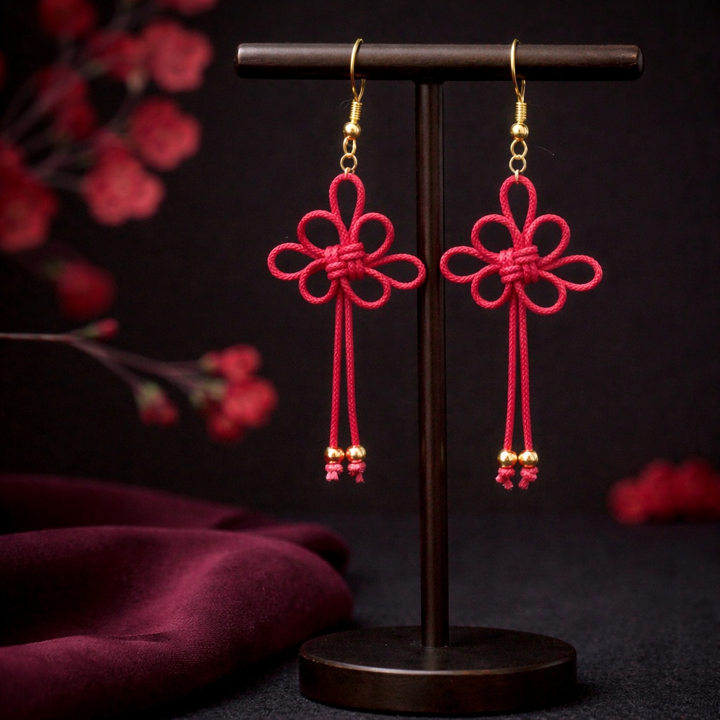 吉祥結びのピアス（赤）(イヤリング)【チャイナ】【和装】【着物】【中華風】【袴】【浴衣】【和風】