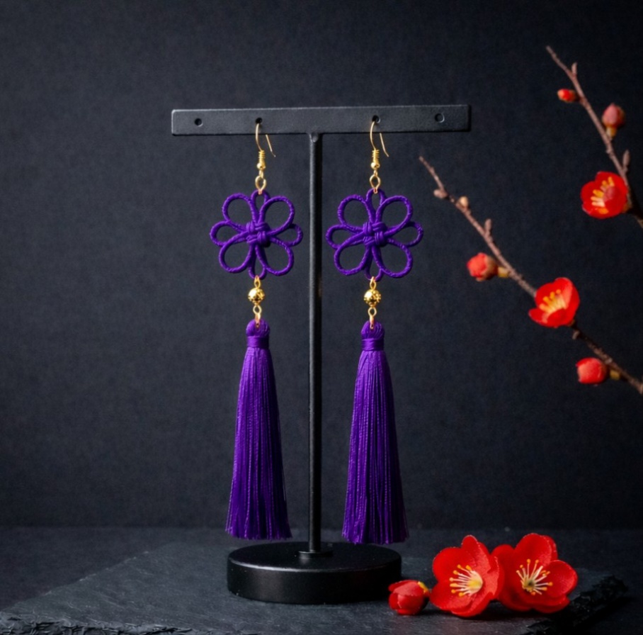 【ゴールドビーズ】吉祥結びのピアス(イヤリング)(紫)【和風】【チャイナ】【中華風】【和装】【着物】【袴】
