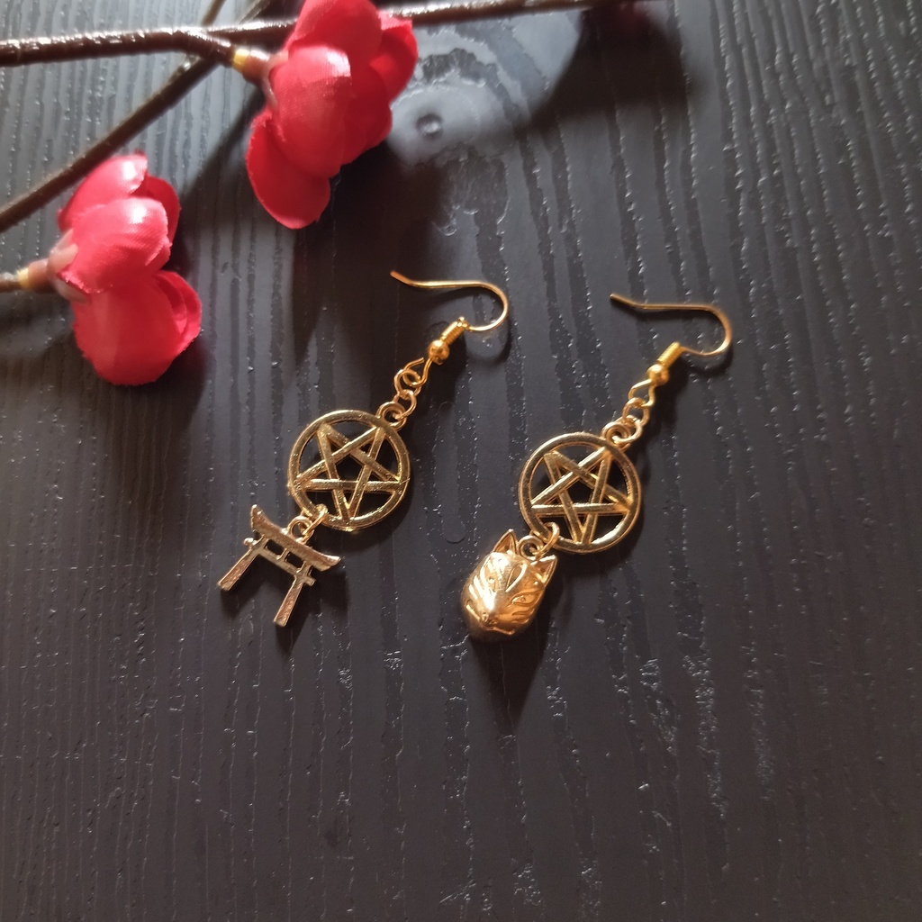 五芒星と狐面&鳥居のピアス(イヤリング)【和装】【着物】【袴】【浴衣】【和風】