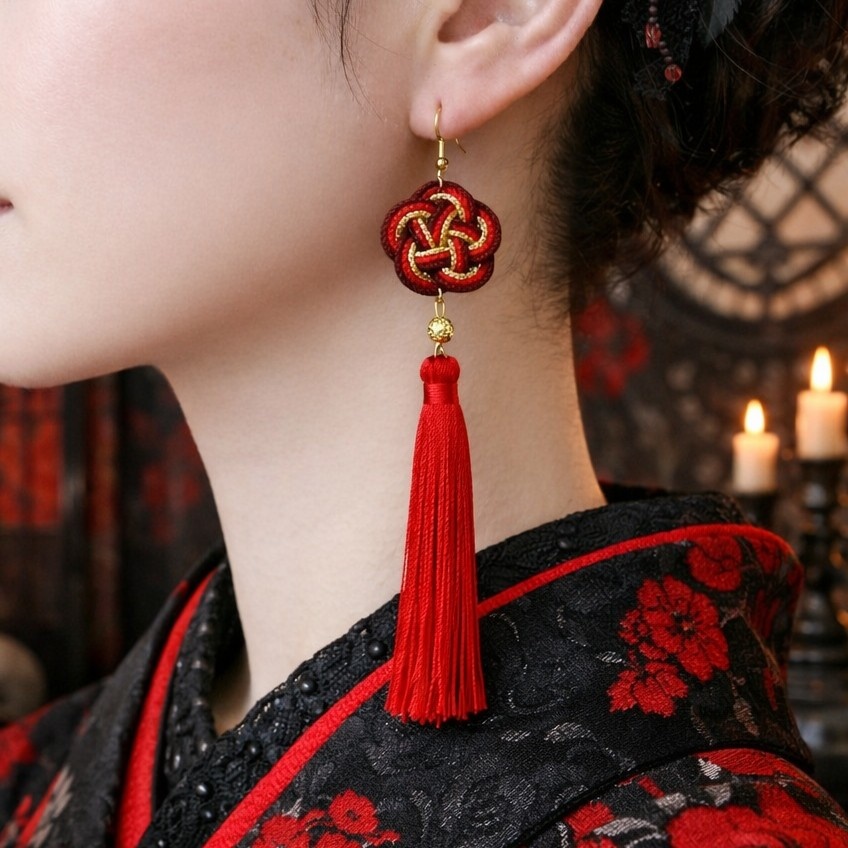 【和風】【和ゴスロリ】梅結びとタッセルのピアス(イヤリング)(一部色オーダー可)【和風】【和装】【着物】【袴】【浴衣】【推し活】【推し色】