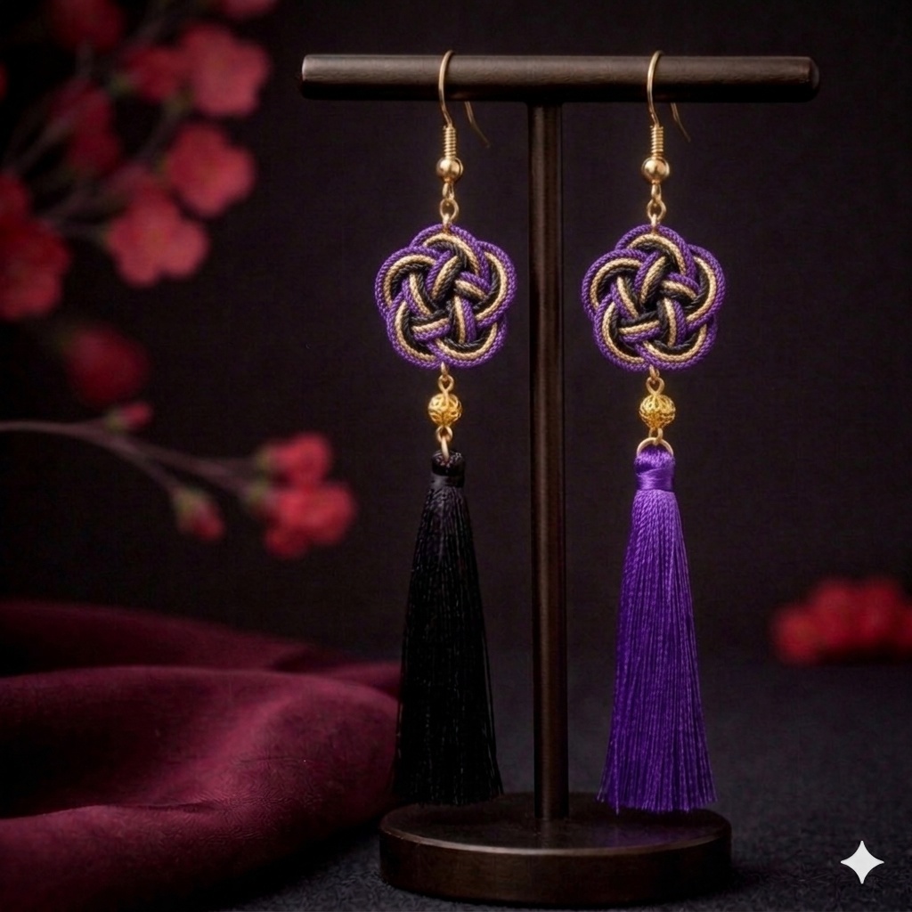 【和風】【和ゴスロリ】梅結びとタッセルのピアス(イヤリング)(一部色オーダー可)【和風】【和装】【着物】【袴】【浴衣】【推し活】【推し色】
