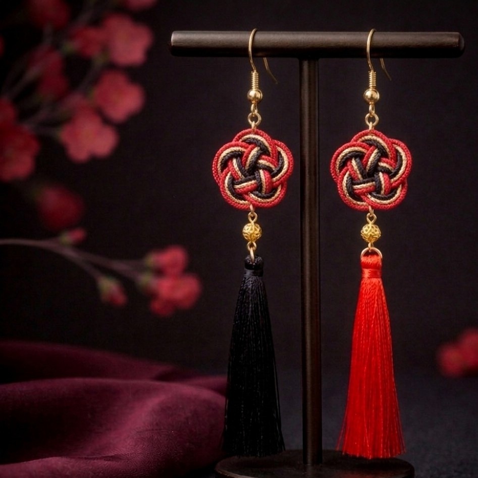 梅結びとタッセルのピアス（イヤリング）（一部色オーダー可