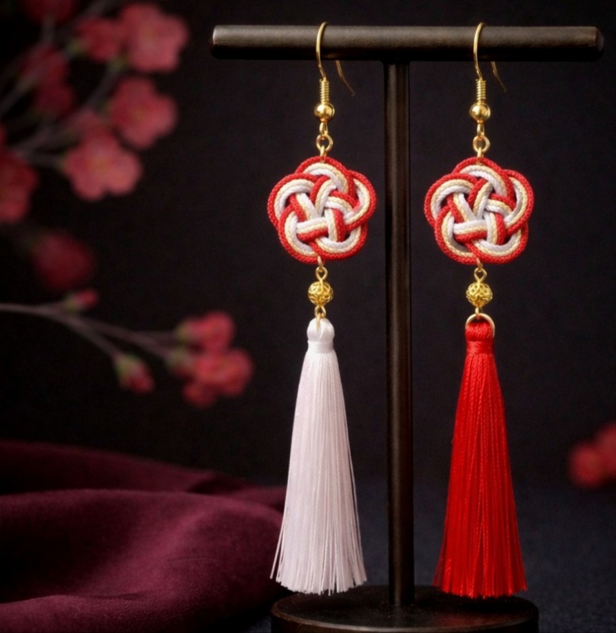 梅結びとタッセルのピアス（イヤリング）（一部色オーダー可）【チャイナ】【中華風】【和装】【着物】【和ゴス】【浴衣】